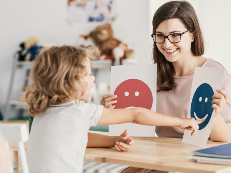 Emotion emoticons used by a psychologist during a therapy session with a child with an autism spectrum disorder.